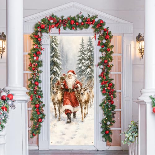 Santa Reindeer Christmas Door Cover - 35x79 in Reusable Curtain - JINYO