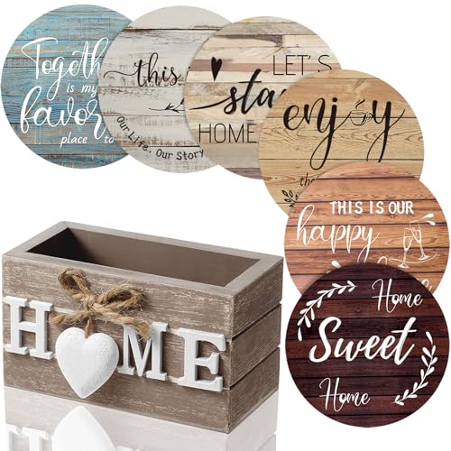 Queekay Farmhouse Coasters Set of 6 with Holder - Rustic New Home Gift, Mixed Design