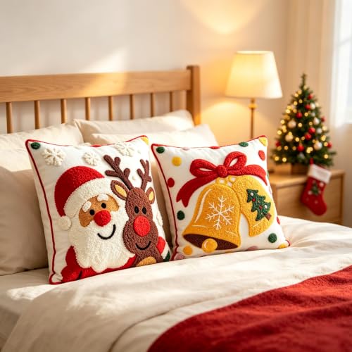 2-Pack 18x18 Inch Christmas Throw Pillow Covers – Embroidered Holiday Decor