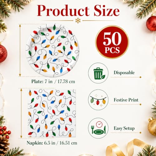 KFJBPB Christmas Plates and Napkins Set - 50PCS 7 Inch Holiday Party Tableware