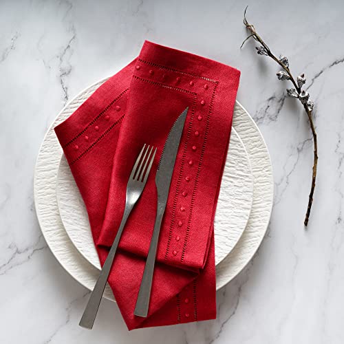 Red Linen Napkins Set of 4 18x18 Inch Embroidered Swiss Dot, Handcrafted