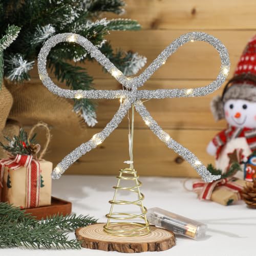 Retisee Silver 9.8 Inch Bow Christmas Tree Topper with LED Rhinestones