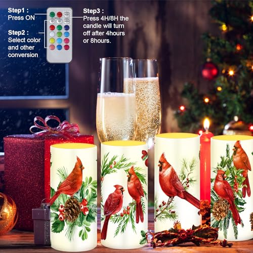 Christmas 4-Piece Flameless Red Bird Candles Set with Cardinal Design - Holiday Decor