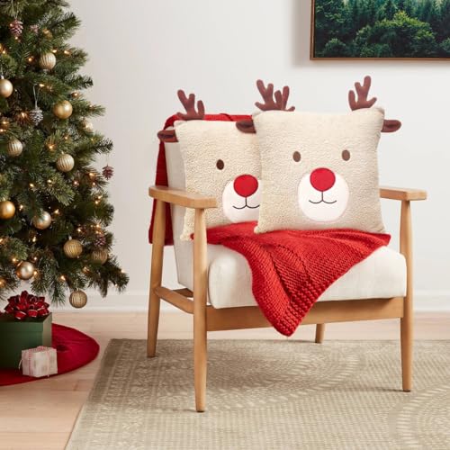 BirdNest Reindeer Christmas Throw Pillow Covers 18x18 inch Set of 2 Christmas Decoration Throw Pillows 3D Embroidery Deer Pillowcases Xmas Decorations for Sofa Couch (Khaki)