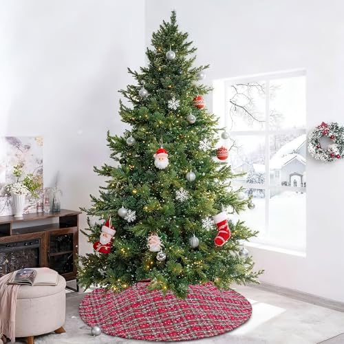Snowflake Buffalo Plaid Christmas Tree Skirt 55 Inch - Red-Green Variation