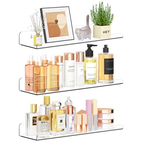 Clear Acrylic Floating Shelves 15 Inch - Wall Mounted Organizer Set of 3
