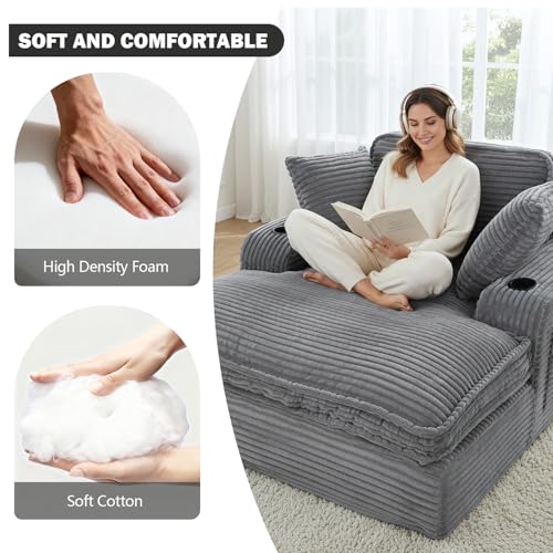 67" Oversized Faux Fur Chaise Lounge Chair with Cup Holders and Storage