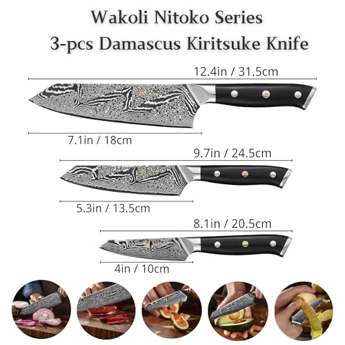 Wakoli Nitoko 3-Piece Kiritsuke Damascus Knife Set VG10 Core, G10 Handles - Kitchen Knives