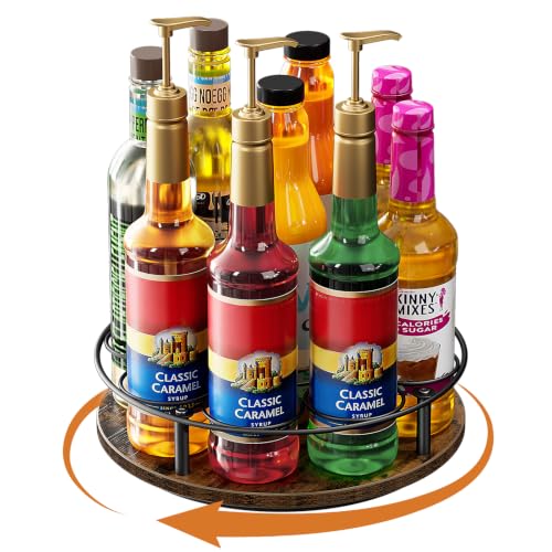 9-Bottle Rotating Coffee Syrup Rack, Carbon Steel and Wood Organizer