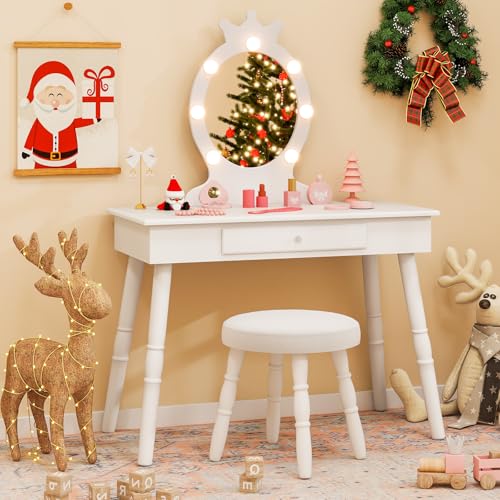 Kids Vanity Set with Lighted Mirror, Stool, and Drawer - Wooden Dressing Desk