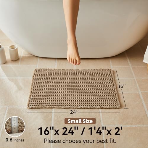 Triohero Waffle Bath Mat - Non-Slip Boho Bathroom Rug, 16" x 24" Khaki