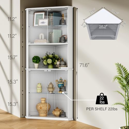 72-inch Corner Curio Cabinet with RGB LED Lights and Adjustable Shelves