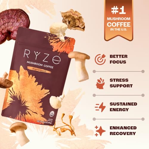 RYZE Organic Mushroom Coffee - Adaptogenic Medium Roast with 6 Superfood Mushrooms, 30 Servings