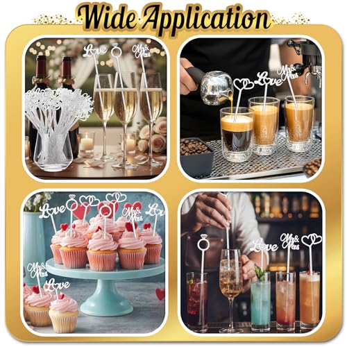 100 Pcs Wedding Drink Stirrers Glitter Silver Cocktail Picks Heart Ring Love US