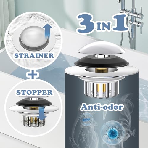 Universal 3-in-1 Bathtub Drain Stopper and Hair Catcher Filter