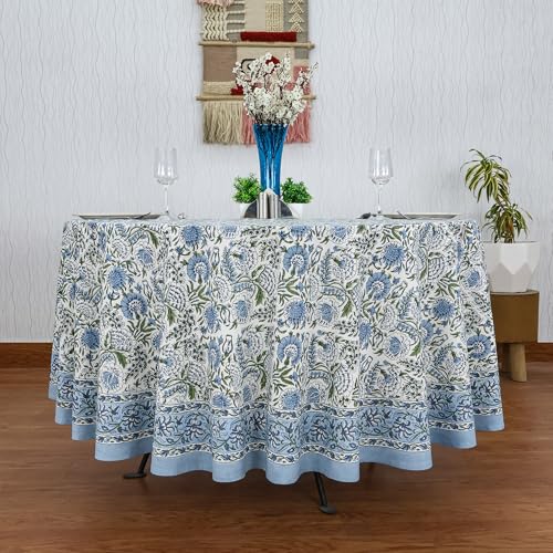 Smalt Blue 90-Inch Round Hand Block Printed Cotton Tablecloth - Floral, Washable, Home Decor