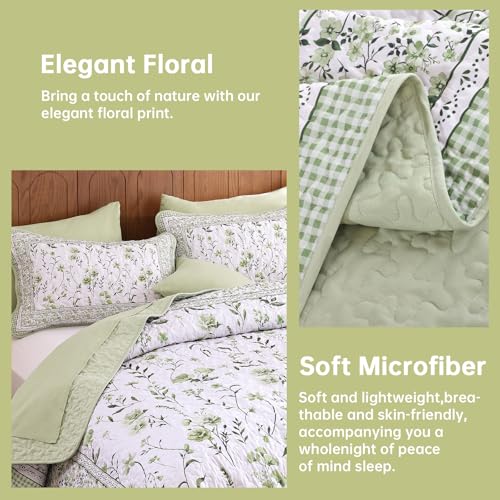 Sage Green Floral Quilt Set Queen - Lightweight Farmhouse Bedding