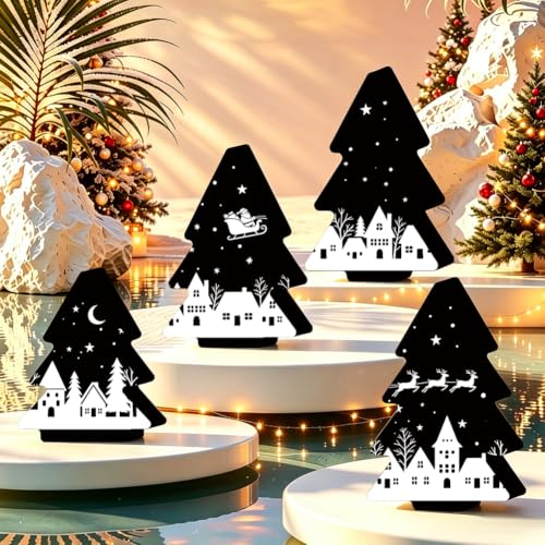 PRESSINART 4Pcs Wooden Christmas Tree Ornaments Set – 4 Sizes, Black & White