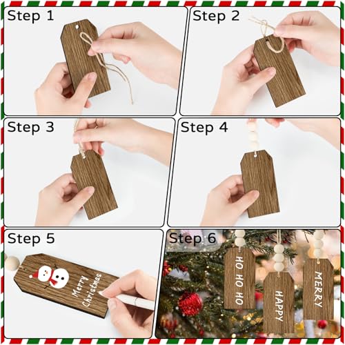 LIKAJON 12Pcs Christmas Stocking Name Tags - Wood Grain Unfinished DIY Gift Tags