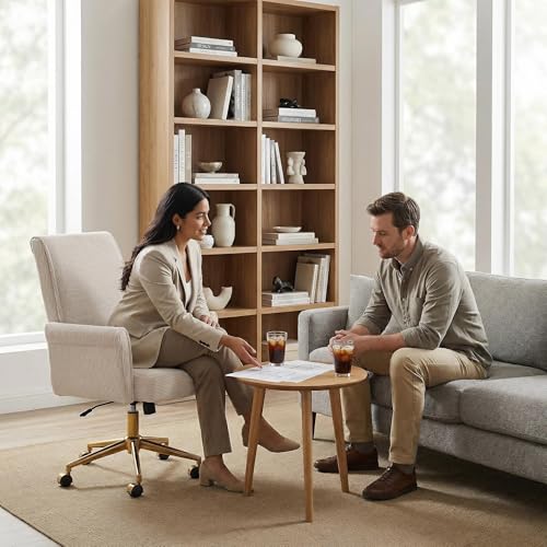 Cream Velvet Home Office Chair, Adjustable Swivel Task Chair with Armrests