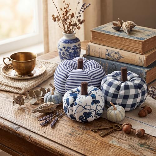 3-Piece Blue and White Fabric Pumpkin Set for Farmhouse Fall Decor