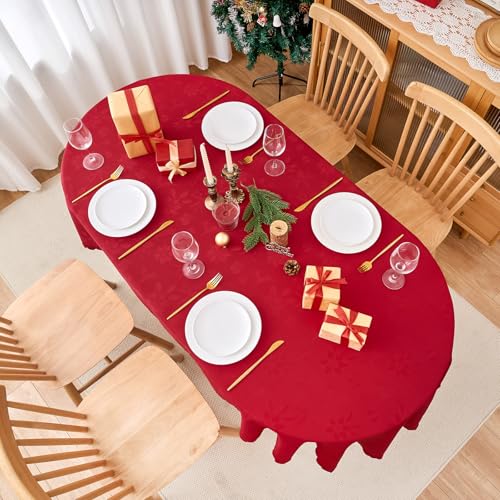 EFFICINATURE Red Jacquard Oval Tablecloth 60x84 Inches Waterproof & Washable
