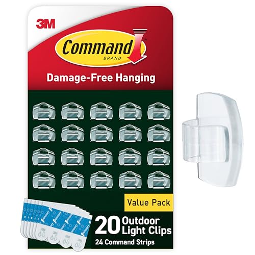 Command Outdoor Light Clips, Clear, 20 Clips and 24 Weather Resistant Strips