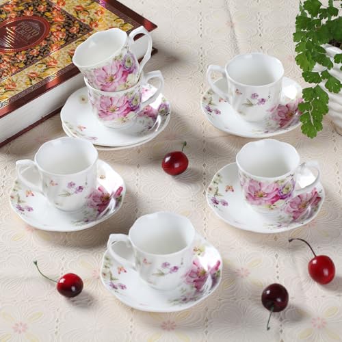 Pink GuangYang 2.8oz Mini Espresso Cups & Saucers Set of 6, Tiny Porcelain Coffee Set