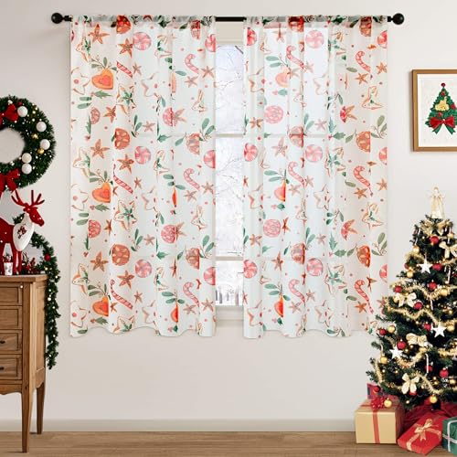 BROSHAN White Christmas Sheer Curtains 2-Panel Set 52W x 63L - Gingerbread & Candy Cane Pattern