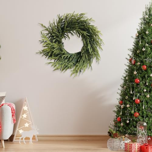 HomeKaren 24-Inch Real Touch Norfolk Pine Christmas Wreath for Front Door - Indoor & Outdoor Holiday Decor