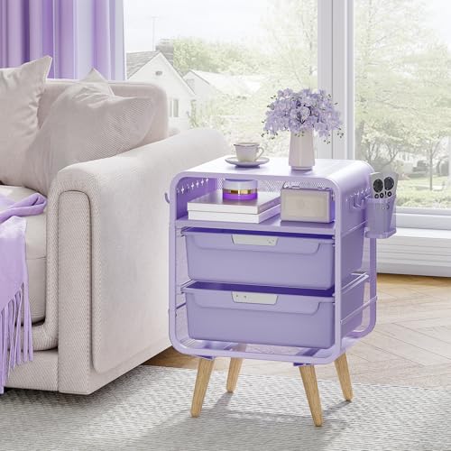 Kids Metal Nightstand with 2 Drawers and Storage Basket - Purple