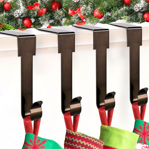 Christmas Stocking Holders for Mantel 4 Pack - Non-Slip Fireplace Hooks