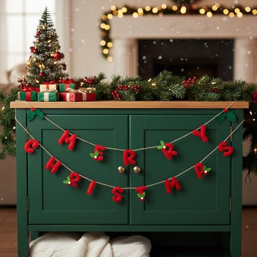 Tegeme 30-Inch Felt Christmas Garland Banner with Wool Wreath