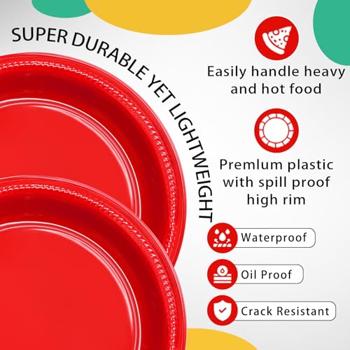 BONSINY 100 Pcs 10 Inch Red Plastic Plates – Christmas Disposable Party Dinnerware