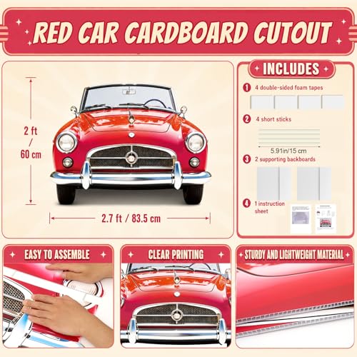 Retro 1950s Red Car Cardboard Cutout, 2.7ft Photo Prop for Theme Parties