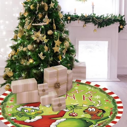 48 Inch Plush Christmas Tree Skirt - Farmhouse Decor with Red & Green Trim