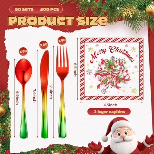 Hushee Disposable Christmas Silverware Set - 200 Pcs Red & Green Plastic Utensils with Napkins
