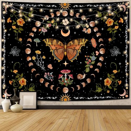 Orange Butterfly Moon Floral Tapestry - Boho Wall Hanging Decor (36" x 48")