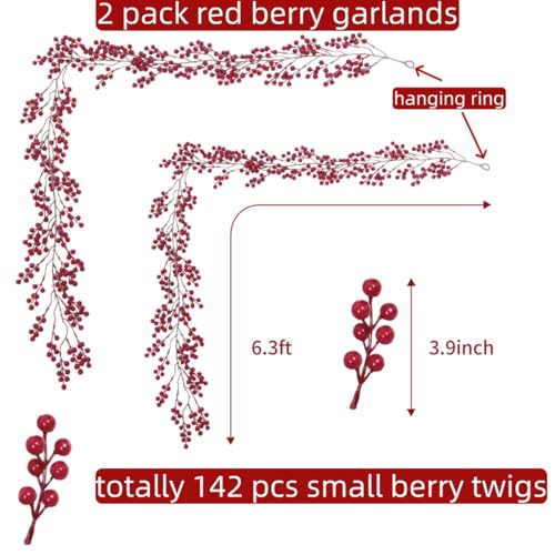 SHACOS 2 Pack 6.2 ft Artificial Red Berry Garland Christmas Decoration