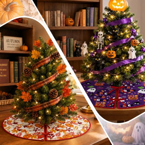 15-Inch Mini Fall & Halloween Tree Skirt - Reversible Double-Sided Mat