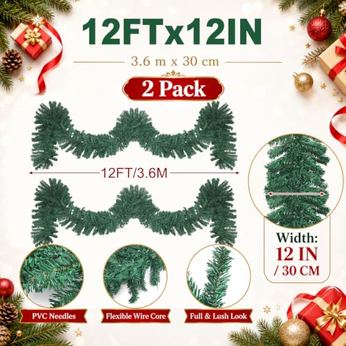 Suncalla 2 Pack 12 ft Alaskan Pine Christmas Garland Greenery - Thick Snowy Artificial Garlands