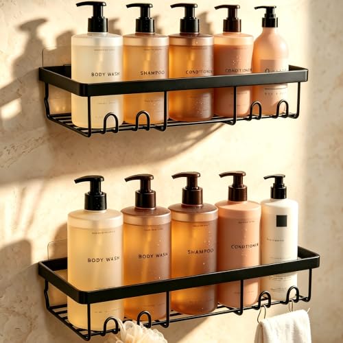 Moforoco Black Shower Caddy Shelf Organizer 2-Pack, Self Adhesive Wall Mount Metal Bathroom Storage Basket