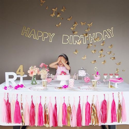 Pink Tissue Paper Tassel Garland Banner, 15-Piece DIY Party Decoration