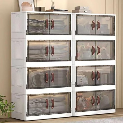 Simple Deluxe Plastic Storage Bins with Lids, 200 Qt (50 Gal) Storage Cabinet, 5 Pack Stackable Beige Closet Organizer, 20.5 x 11.4 x 52.4Inch Foldable Plastic Storage Container with Door
