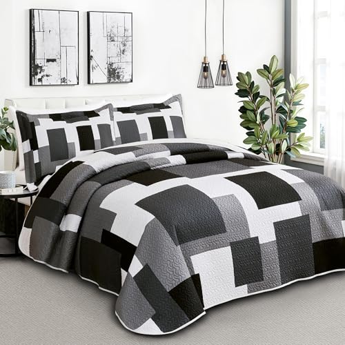 Tyrot Modern Black & Grey Geometric Quilt Set - Full/Queen 3 Piece