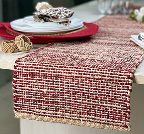 Chardin Home Natural Jute Red Table Runner 13x108 Inch - Farmhouse Decor