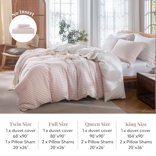 Pink Boho Jacquard Striped Queen Duvet Cover Set - 100% Washed Cotton, 3 Piece