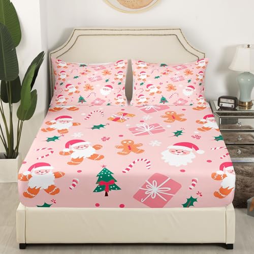 Feelyou Merry Christmas Bed Sheets 3Pcs Full Size Kids Pink Brown (No Flat Sheet) – Fitted Sheet Set