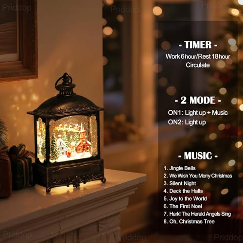 12-Inch Christmas Snow Globe Lantern with Musical Village Scene and Timer