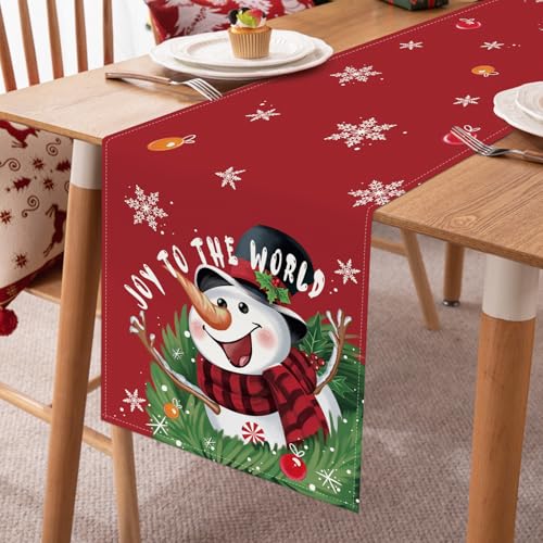 Bonhause Red Snowman 13x72 Inch Table Runner – Winter Holiday Christmas Dining Decor